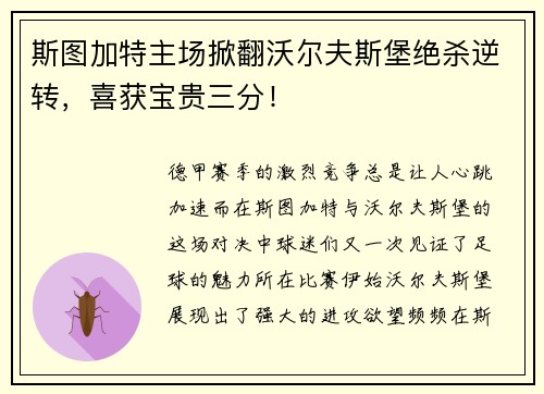 斯图加特主场掀翻沃尔夫斯堡绝杀逆转，喜获宝贵三分！