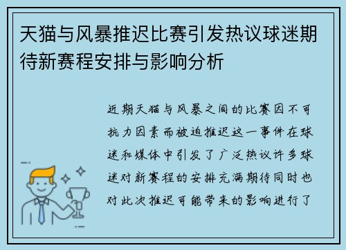 天猫与风暴推迟比赛引发热议球迷期待新赛程安排与影响分析